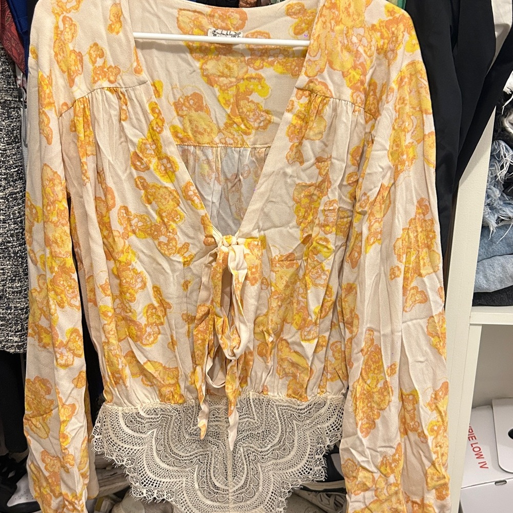Free People Yellow and White Ruffled Tie Front Blouse